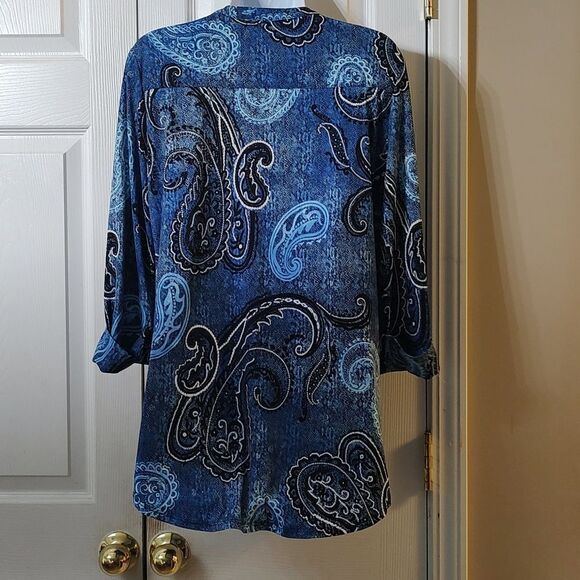 New Directions 3/4 Puff Sleeve Paisley Print Split Neck Tunic Sz M - Picture 4 of 6